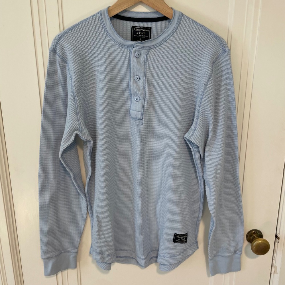 Abercrombie Light Blue Waffle Knit Henley Thermal Shirt Large